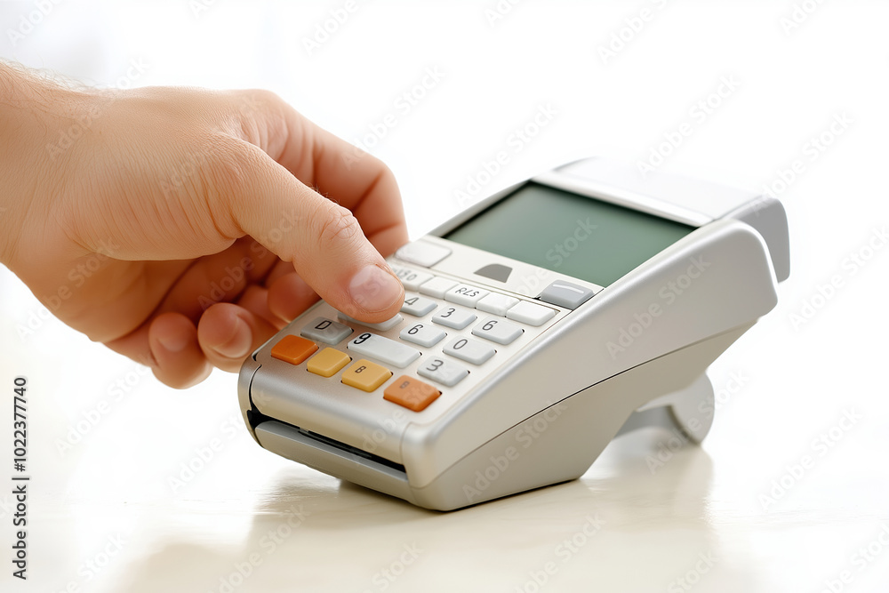 Hand using a payment terminal at a retail store Hand using a payment terminal at a retail store