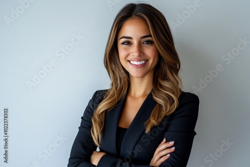 Portrait of a smiling businesswoman wearing a black blazer with arms crossed.