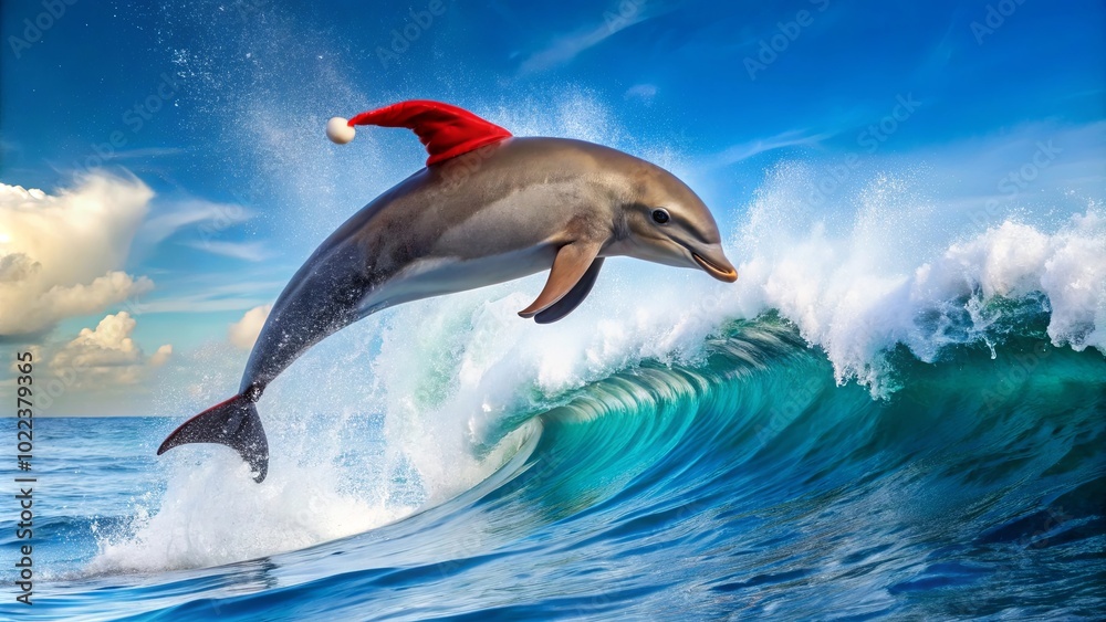 Obraz premium A playful dolphin leaps over a cresting wave, adorned with a festive red and white cap, capturing the spirit of aquatic joy and seasonal cheer.