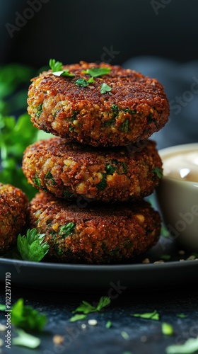 Vertical format, Delicious golden brown chikpea veggie patties stacked on a plate with fresh herbs and creamy dipping sauce on a dark background photo