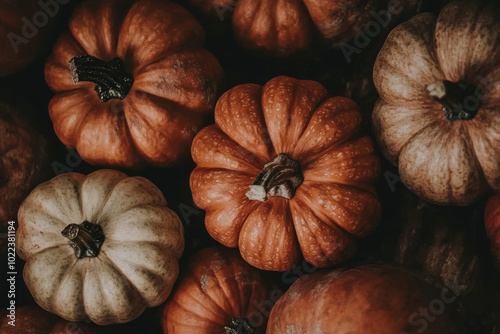 Ripe fall pumpkins in warm lighting, top view. Halloween or Thanksgiving card template