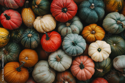 Top view of colorful ripe pumpkins in autumn for Halloween and Thanksgiving decor