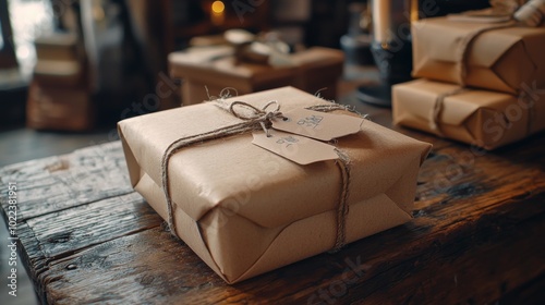 Beautifully wrapped gift boxes with shopping tags at a gift shop