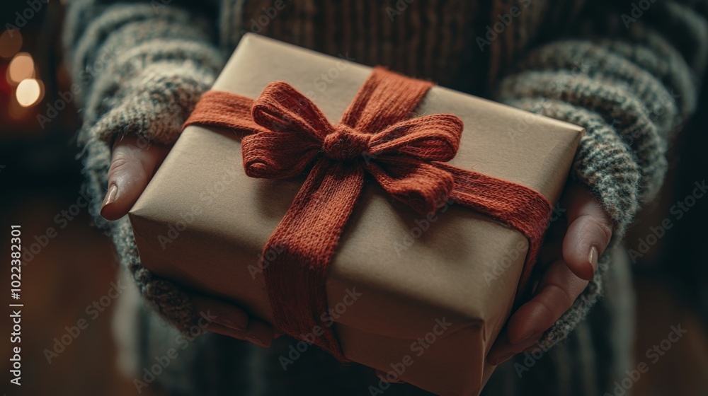 Close-up of hands wrapping a gift after a shopping trip Close-up of hands wrapping a gift after a shopping trip