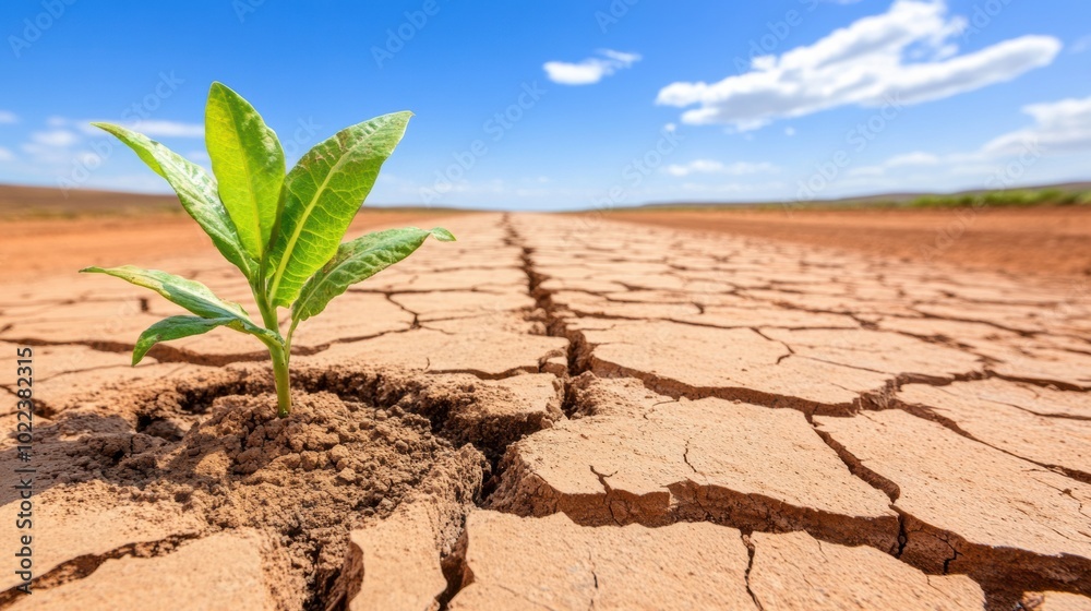 Young plant thriving in cracked, arid soil under a bright blue sky, AI Young plant thriving in cracked, arid soil under a bright blue sky, AI