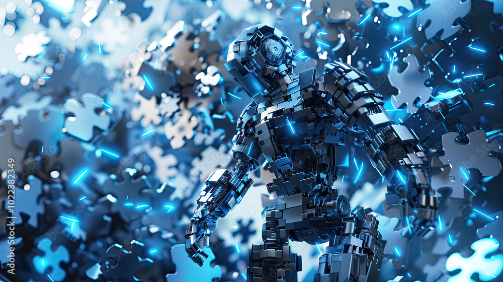 Robot with shiny metallic puzzle pieces, glowing blue highlights, standing in high-tech lab setting.