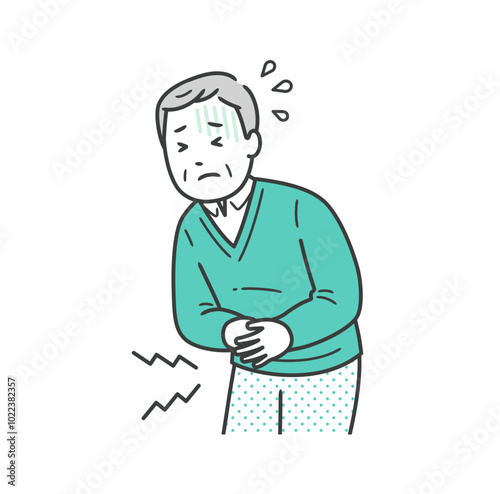 腹痛でお腹を押さえて苦しむ高齢男性の上半身イラスト

