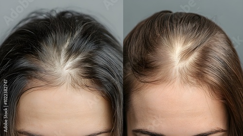 Crown of the head before and after hair restoration, showcasing regrowth in thinning areas, from noticeable bald spots to a fuller, thicker hair coverage