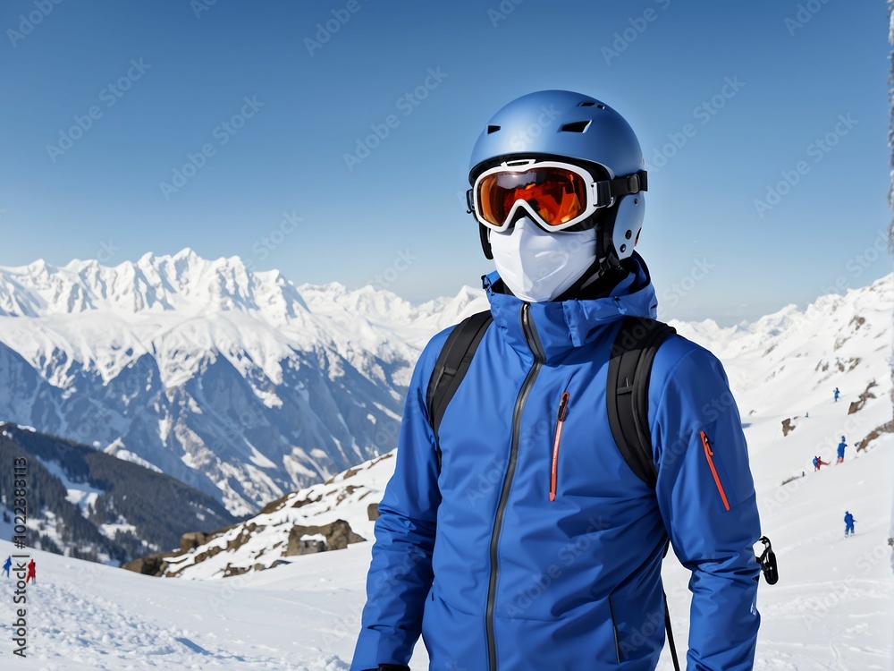 Skier standing on a slope. Man in a blue suit, the helmet and mask in skiing is to ski. In the background snow-capped mountains Skier standing on a slope. Man in a blue suit, the helmet and mask in skiing is to ski. In the background snow-capped mountains