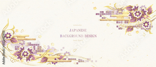 「和柄と花々の金箔をあしらった華やかな和風背景」　ベクター、お正月、年賀状、結婚式、招待状、ビジネス、イラスト