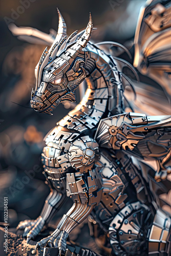 Mechanical dragon of puzzle pieces, wide wings reflecting light, glowing eyes, and engraved metal.