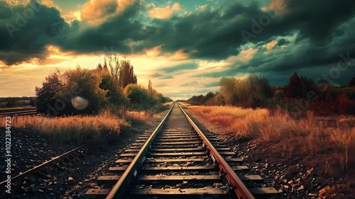 Dramatic Sunset Over Railway Tracks in Stunning Countryside