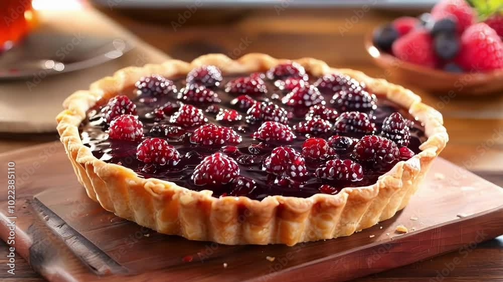 Freshly baked berry pie on rustic cutting board, filled with blackberries and raspberries. Sweet dessert perfect for any occasion Freshly baked berry pie on rustic cutting board, filled with blackberries and raspberries. Sweet dessert perfect for any occasion