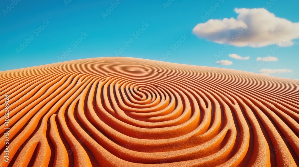 Naklejka premium Mesmerizing sand patterns swirl under a vibrant blue sky with fluffy clouds, AI