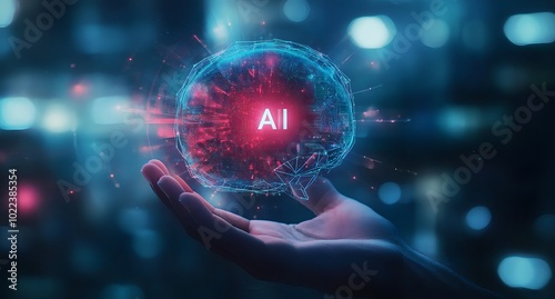 Businessman's hand holding a virtual, glowing brain and artificial intelligence technology concept on a table background. 