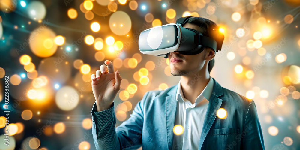Abstract Digital Art of a Virtual Reality Collaborator: A Remote Worker Engaged with VR Goggles Amid Soft Bokeh Lights, Illustrating Innovative Remote Work Comfort in Photo Stock.