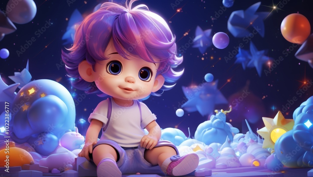 Fototapeta premium Cute Boy in a Whimsical Starry Night