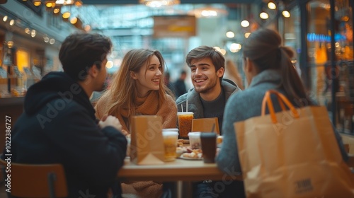 Friends enjoying a break in a mall food court with shopping bags around them