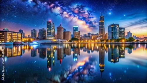 Captivating Night Photography of City Skyline with Stars and Reflections