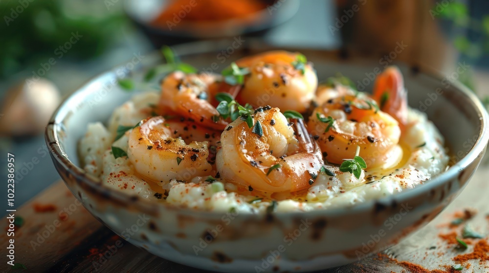 Fototapeta premium a bowl of shrimp and grits on a table