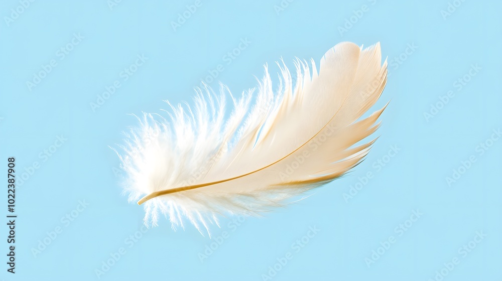 Naklejka premium A single feather, softly floating in the air on a light blue background.