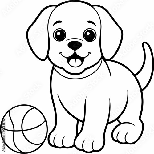 Happy cartoon puppy with ball in doodle style.Linear vector image isolated on white background.Monolinear illustration for children's books, coloring books.