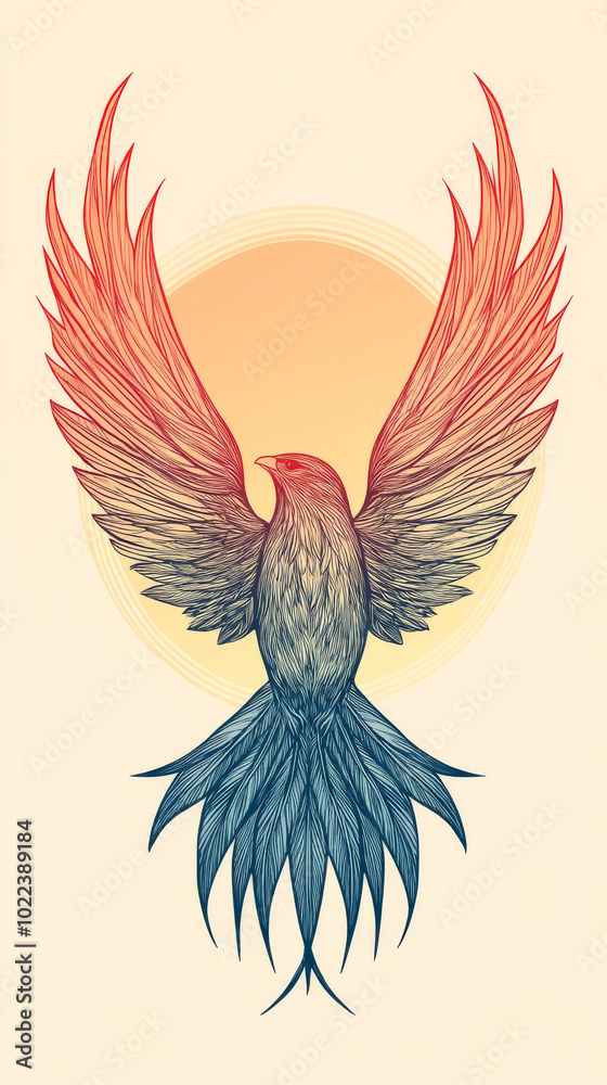 Obraz premium A stylized bird with outstretched wings against a warm, sun-like background.