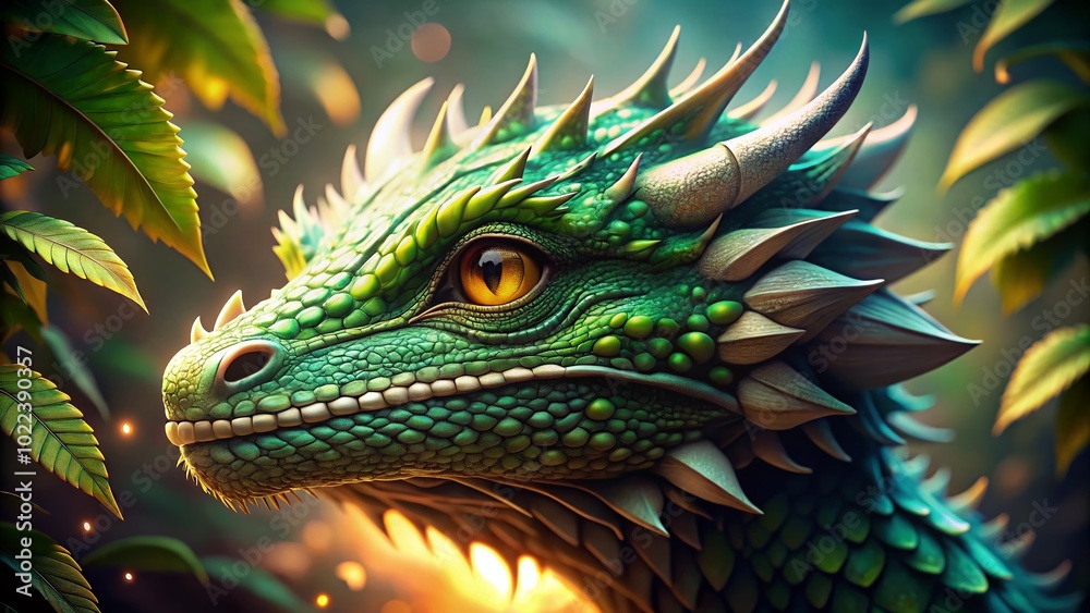 Obraz premium Closeup of a Majestic Green and White Dragon with Bokeh Effect for Fantasy Illustrations