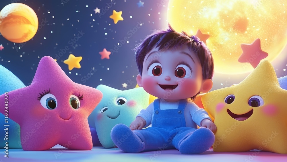Fototapeta premium Smiling Boy with Star Friends Under a Full Moon