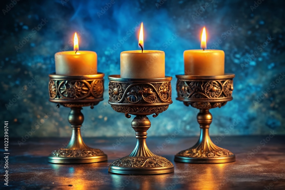 Closeup of Burning Candles in Brass Holders on Blue Surface for Tranquil Atmosphere Closeup of Burning Candles in Brass Holders on Blue Surface for Tranquil Atmosphere