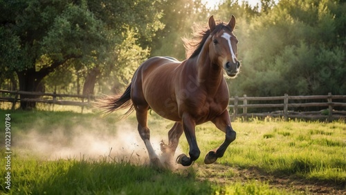 a brown horse with a long tail runs through a field