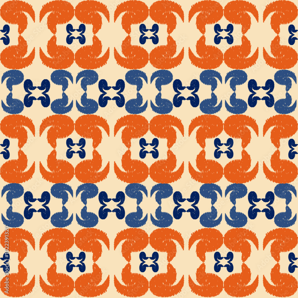 Obraz premium Dark blue and orange embroidery, motif ethnic ikat seamless textile illustration, print striped ornament, pattern, design for wrapping, silk, scarf, clothing, background, textile, carpets, curtains.