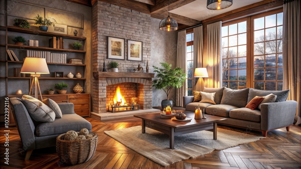 Design a cozy living room by arranging furniture to highlight a beautiful fireplace, ensuring both comfort and style harmoniously come together for a relaxing environment. Design a cozy living room by arranging furniture to highlight a beautiful fireplace, ensuring both comfort and style harmoniously come together for a relaxing environment.