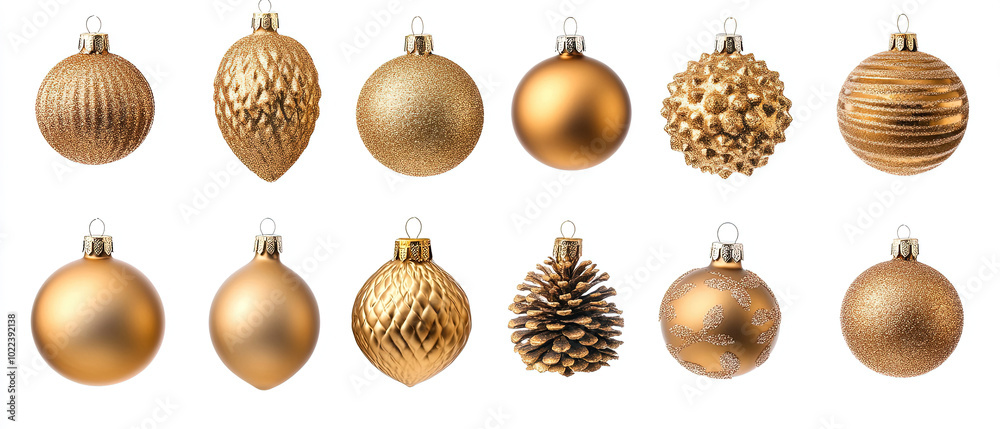 gold christmas decorations on white background