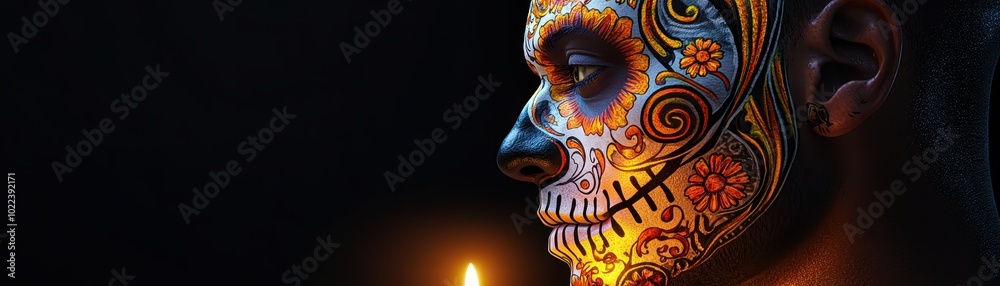 A colorful skull face paint illuminates a profile against a dark background, creating a striking contrast with a flickering candle nearby.