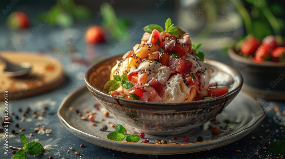 a bowl of food on a plate on a table