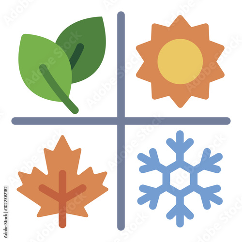 Four seasons flat icon representing yearly cycle of spring, summer, autumn, and winter