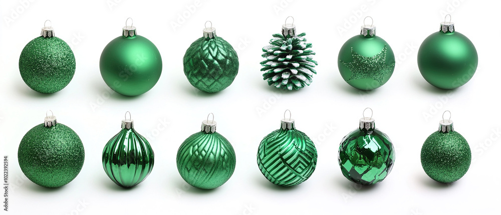 green christmas decorations. shining christmas decorations on white background