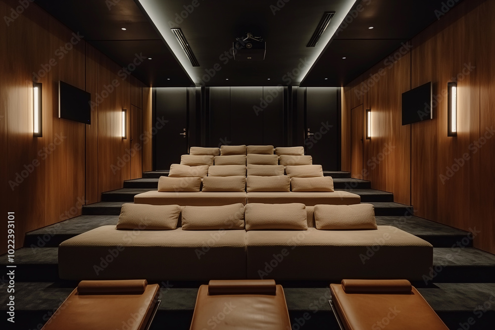 Fototapeta premium Sophisticated media room with dark walls, plush seating, and high-tech equipment. interior design 
