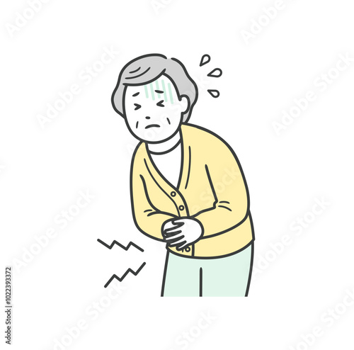 腹痛でお腹を押さえて苦しむ高齢女性の上半身イラスト

