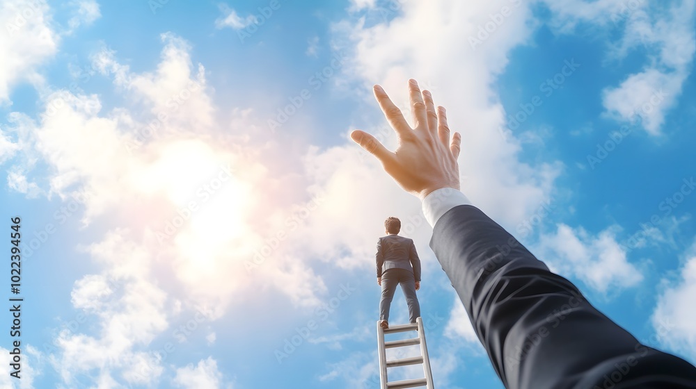 A person reaches out to someone standing on a ladder against a bright sky, symbolizing aspiration and the desire for connection. A person reaches out to someone standing on a ladder against a bright sky, symbolizing aspiration and the desire for connection.