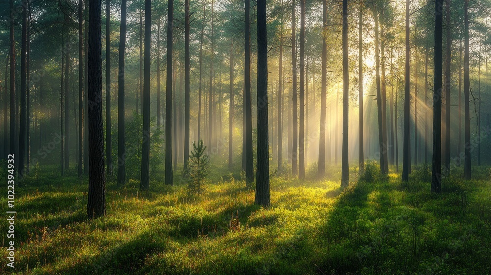 Obraz premium Sunbeams shining through the mist in a dense pine forest, creating a magical and ethereal atmosphere.