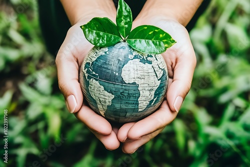 Hands holding an Earth-shaped globe with a plant sprouting on top, symbolizing global environmental responsibility, sustainability, and the importance of nature conservation.