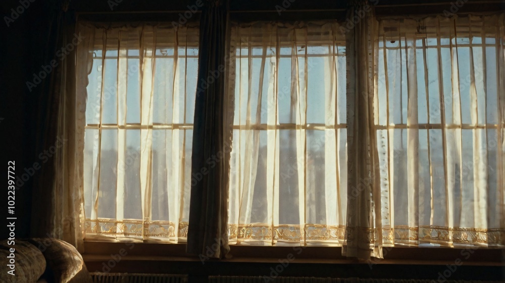 Light streaming through sheer curtains in a cozy room with a view during golden hour Light streaming through sheer curtains in a cozy room with a view during golden hour