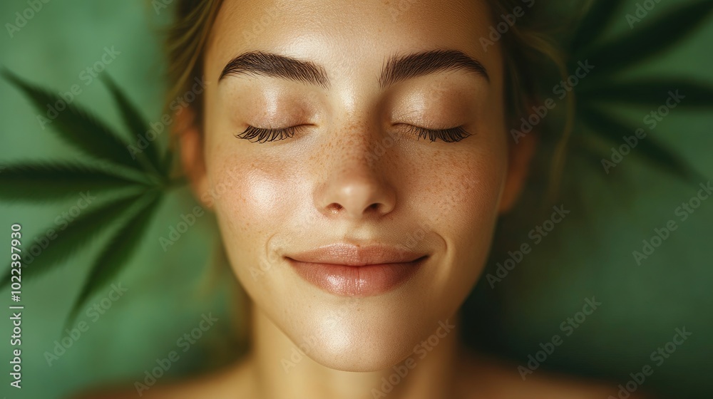 Woman relaxing with cannabis leaf for skincare treatment Woman relaxing with cannabis leaf for skincare treatment