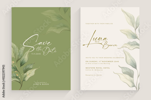 Aesthetic Wedding Invitation with Watercolor Green Leaves Arrangement