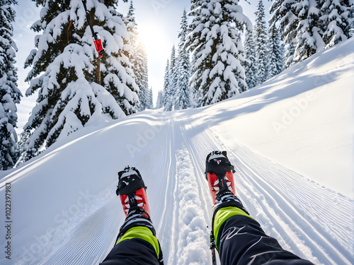Skiing. Ski on First Tracks. Alpine skier going downhill skiing in morning on Fresh Tracks on groomed ski trail slope piste. Closeup of trail, skis and ski boots amongst snow covered trees.