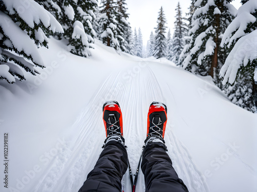 Skiing. Ski on First Tracks. Alpine skier going downhill skiing in morning on Fresh Tracks on groomed ski trail slope piste. Closeup of trail, skis and ski boots amongst snow covered trees.