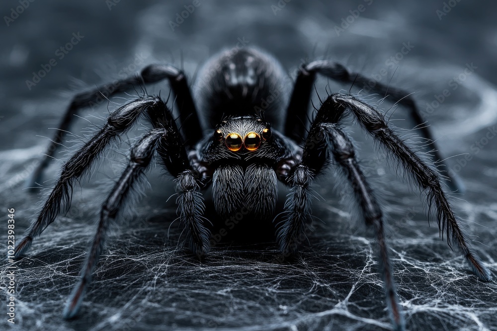 Large black and orange spider standing on web at sunset Large black and orange spider standing on web at sunset