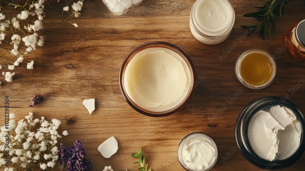 Top view photo for advertising use of cream, body lotion, cream-based products, packaged in jars, containing natural ingredients and decorated around with natural ingredients and flowers. Top view photo for advertising use of cream, body lotion, cream-based products, packaged in jars, containing natural ingredients and decorated around with natural ingredients and flowers.